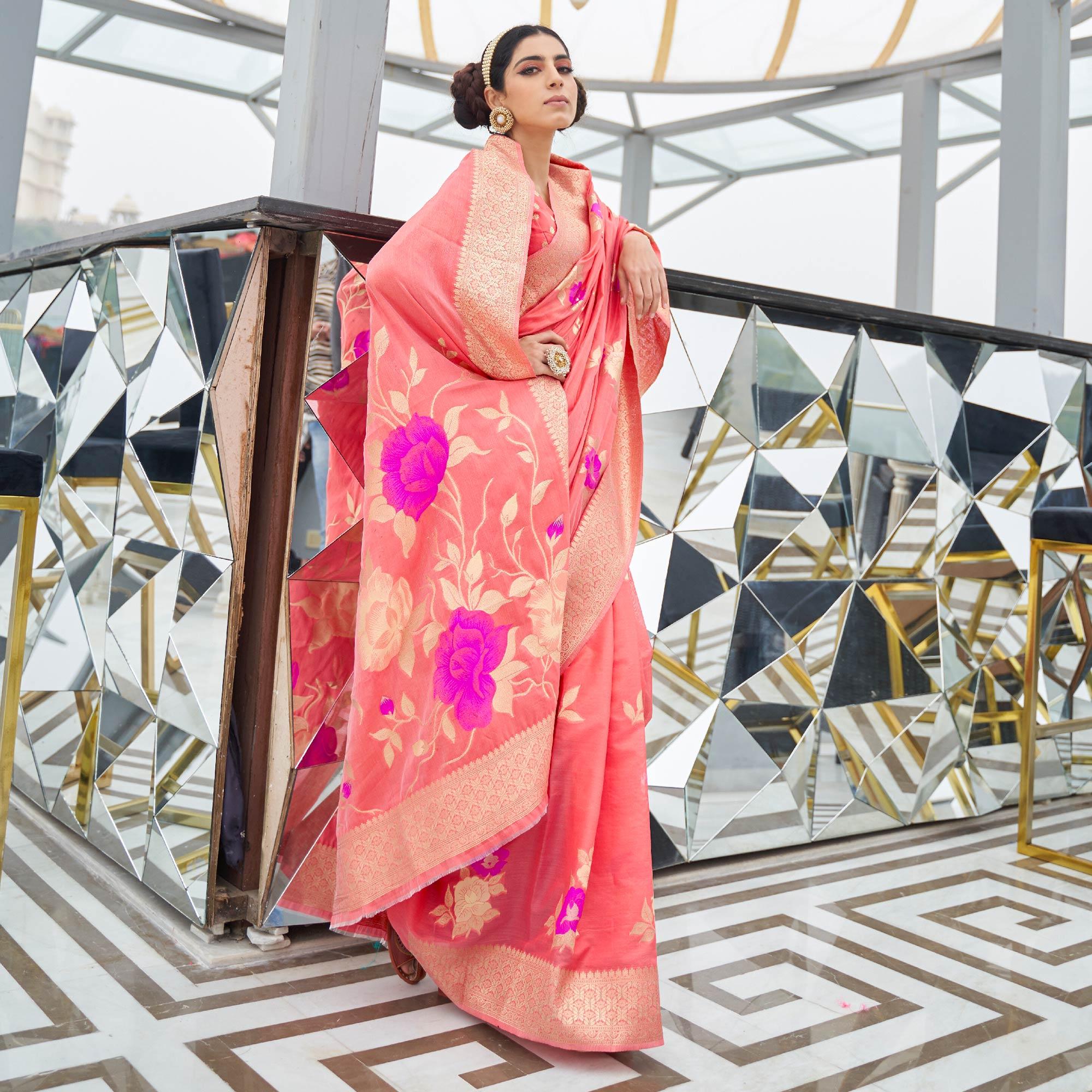 Attractive Peach Colored Festive Wear Printed Dola Weaving Art Silk Saree - Peachmode