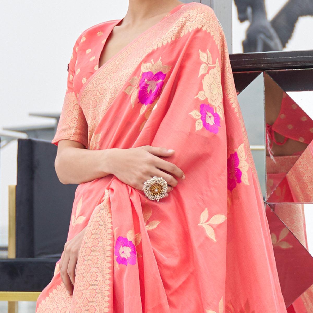 Attractive Peach Colored Festive Wear Printed Dola Weaving Art Silk Saree - Peachmode