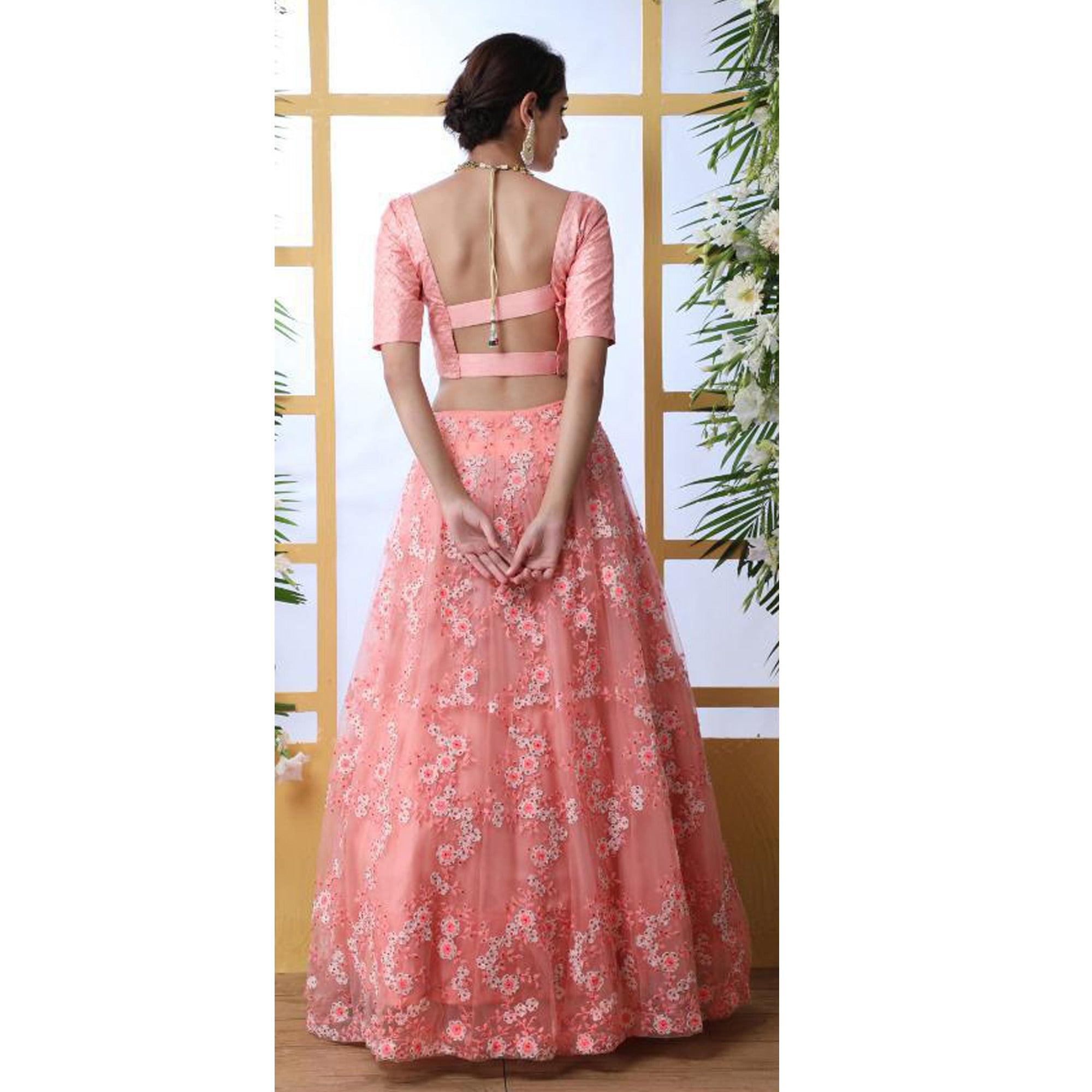 Attractive Peach Colored Party Wear Embrodiered Net Lehenga Choli - Peachmode