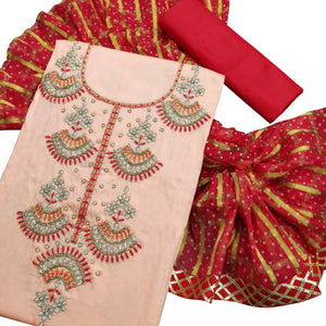 Attractive Peach Colored Partywear Embroidered Cotton Dress Material - Peachmode