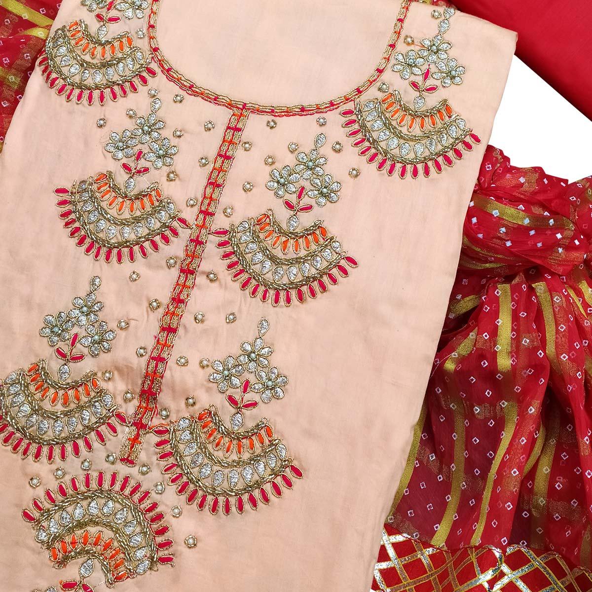 Attractive Peach Colored Partywear Embroidered Cotton Dress Material - Peachmode