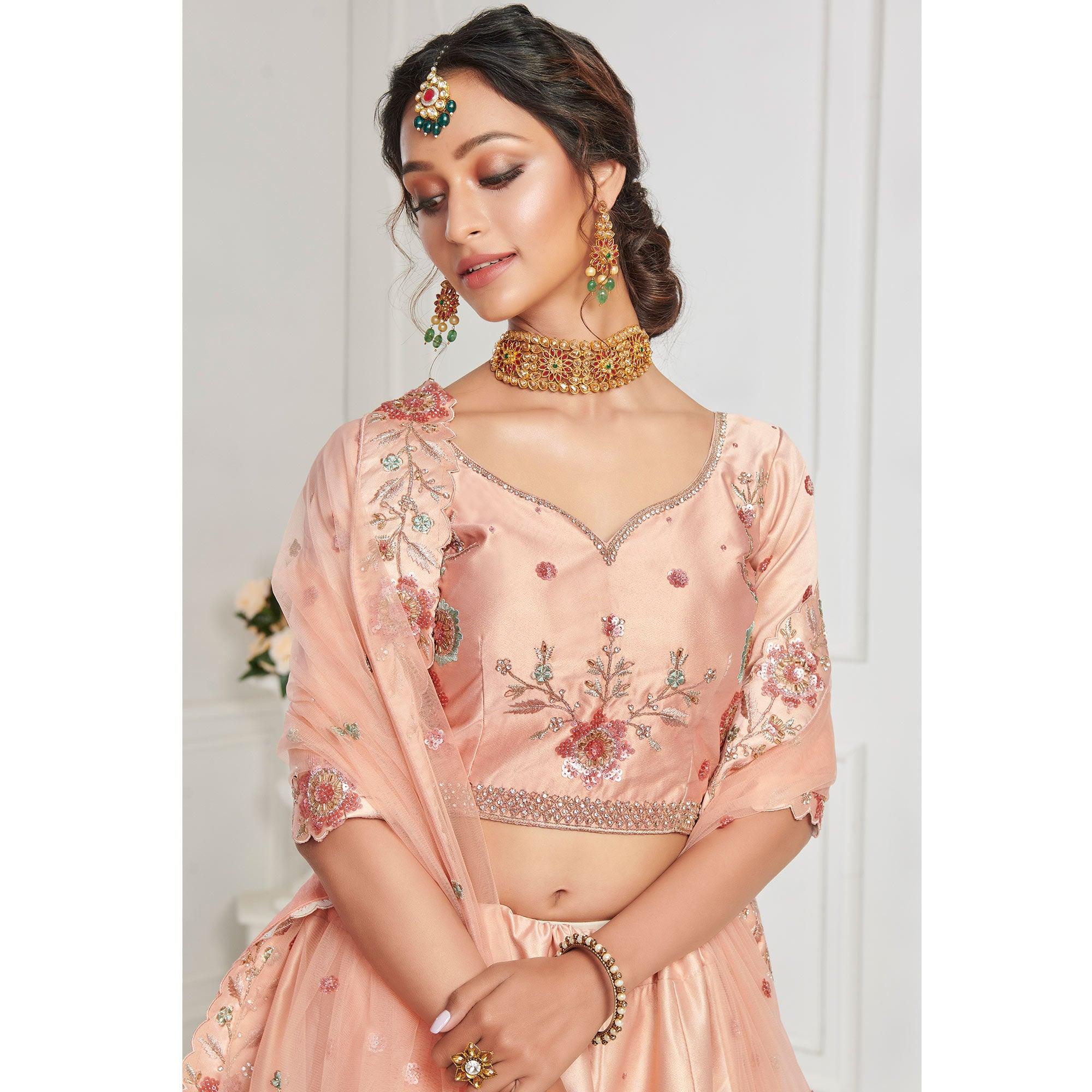 Attractive Peach Coloured Festive Wear Embroidered Silk Lehenga Choli - Peachmode