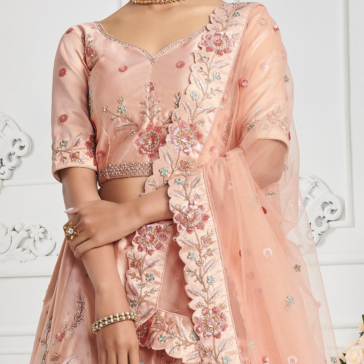 Attractive Peach Coloured Festive Wear Embroidered Silk Lehenga Choli - Peachmode