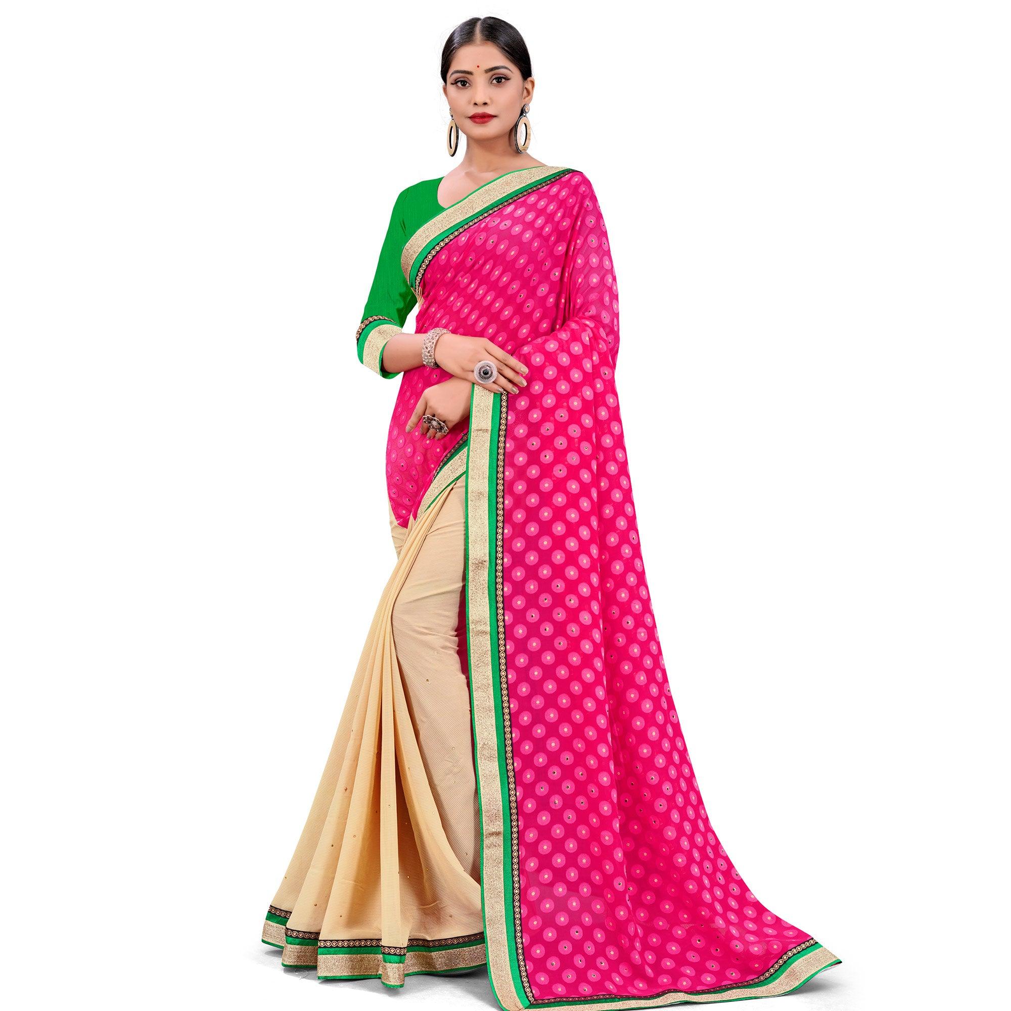 Attractive Pink-Beige Colored Party Wear Georgette Half-Half Saree - Peachmode