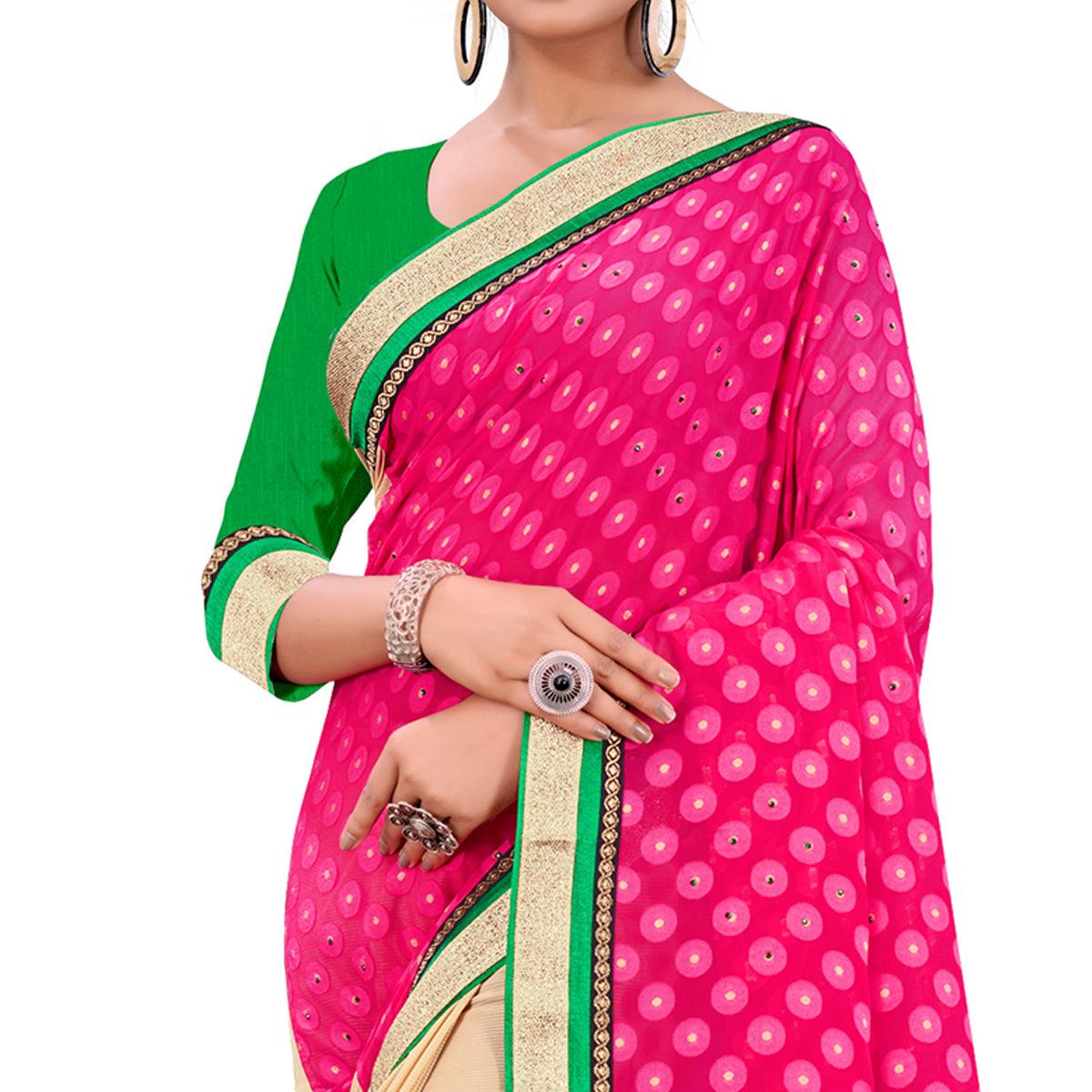 Attractive Pink-Beige Colored Party Wear Georgette Half-Half Saree - Peachmode