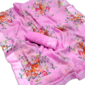 Attractive Pink Colored Casual Wear Floral Printed Cotton Blend Saree - Peachmode