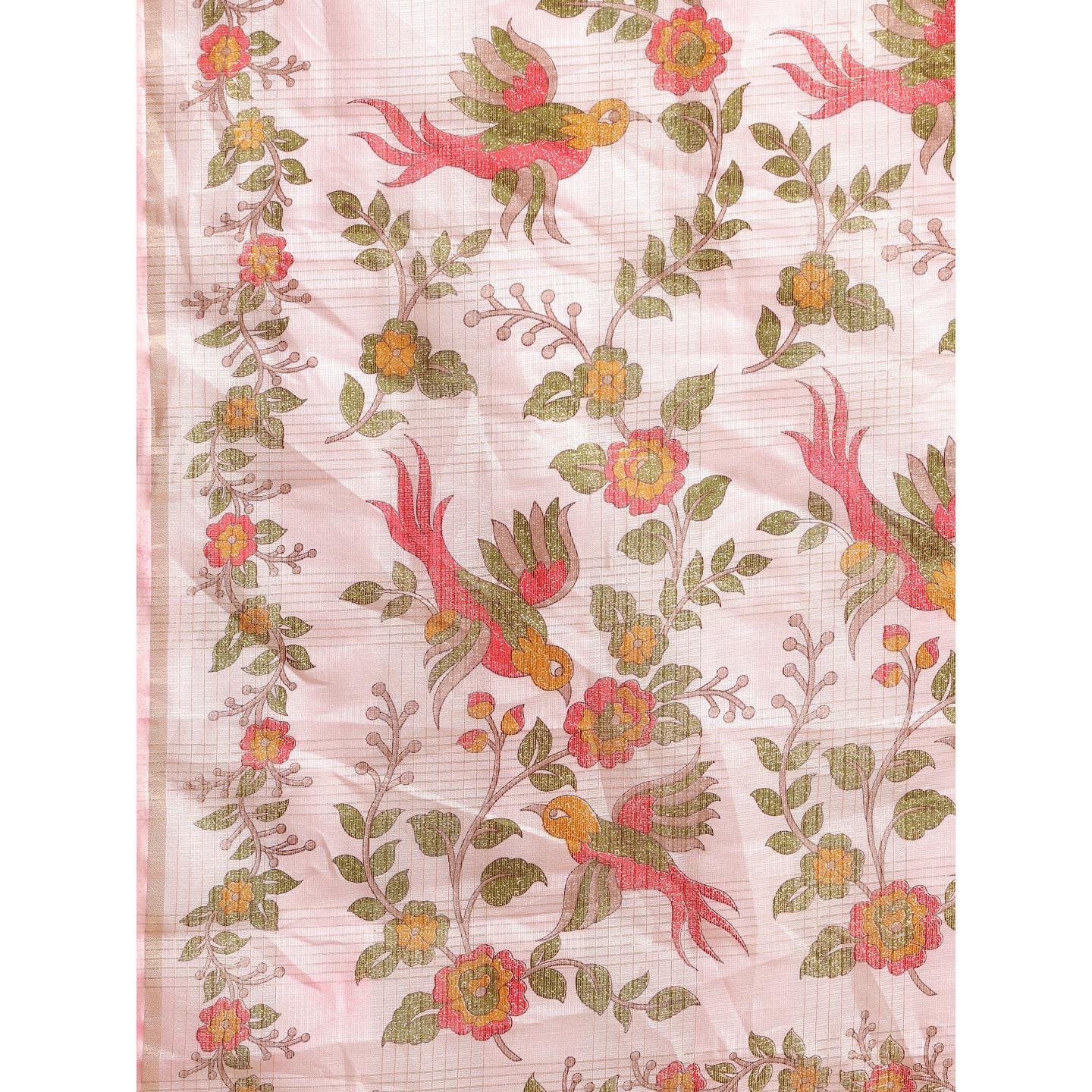 Attractive Pink Colored Casual Wear Floral Printed Linen Saree - Peachmode
