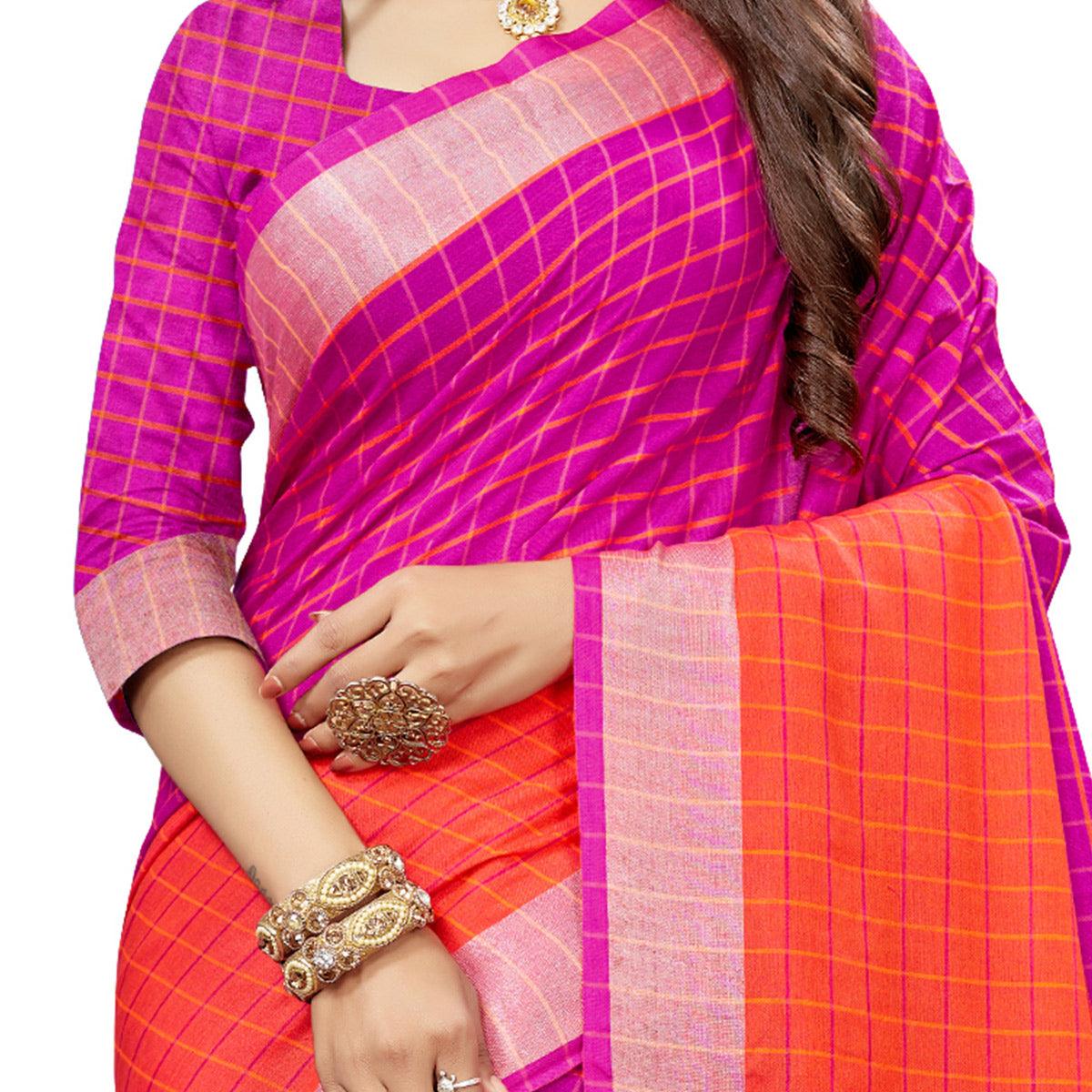 Attractive Pink Colored Fesive Wear Checks Print Cotton Silk Saree With Tassels - Peachmode