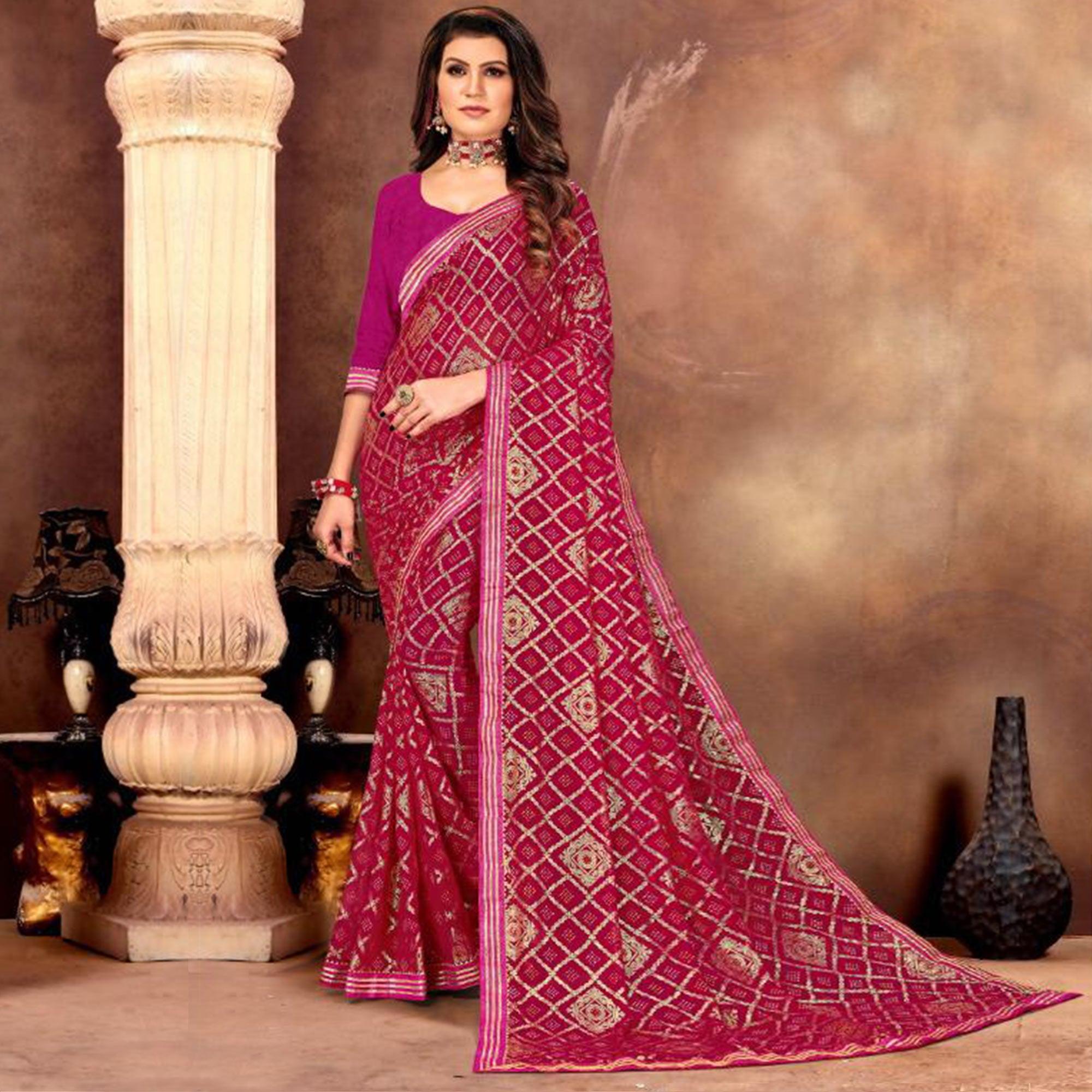 Attractive Pink Colored Festive Wear Bandhani Print With Gotta Border Heavy Georgette Saree - Peachmode