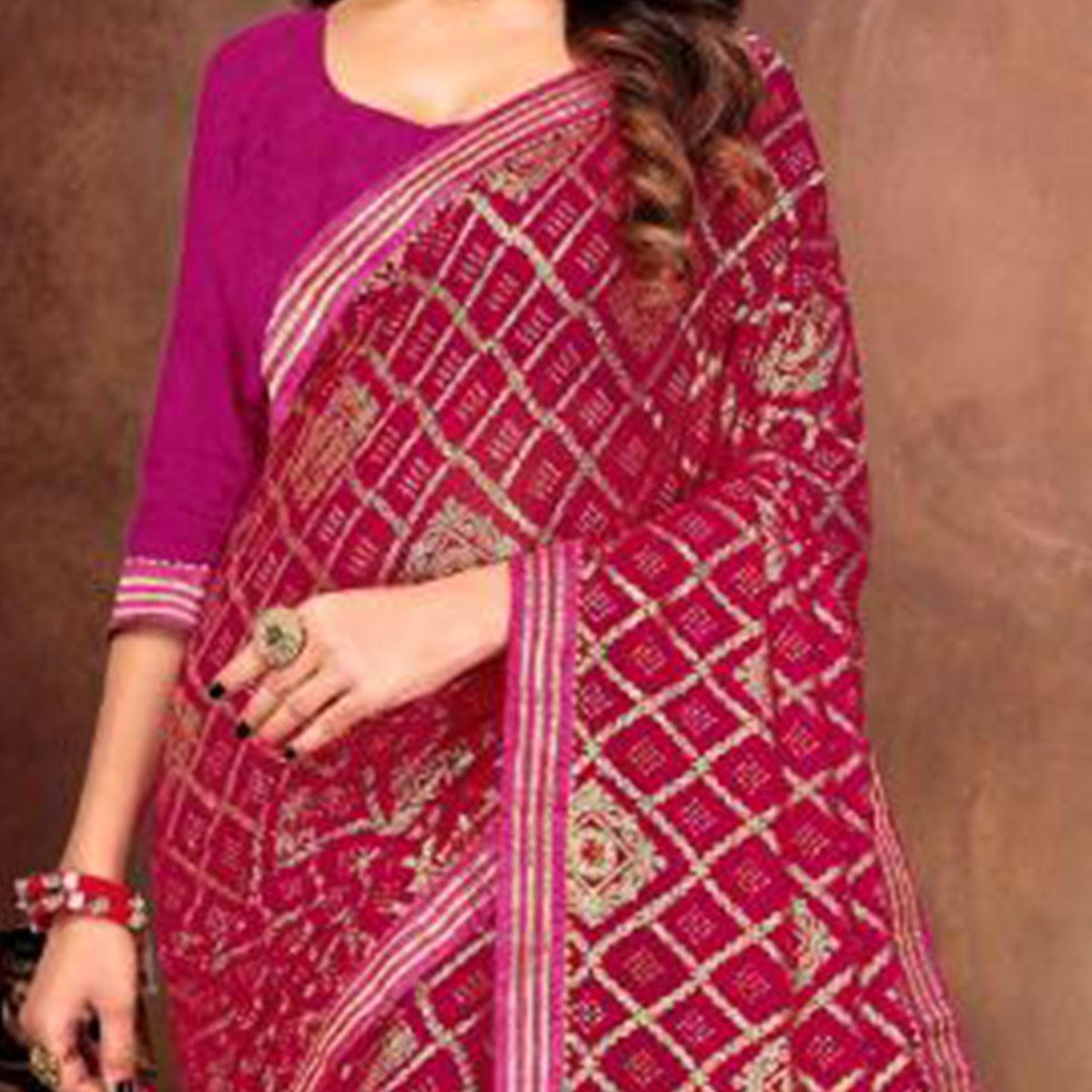 Attractive Pink Colored Festive Wear Bandhani Print With Gotta Border Heavy Georgette Saree - Peachmode