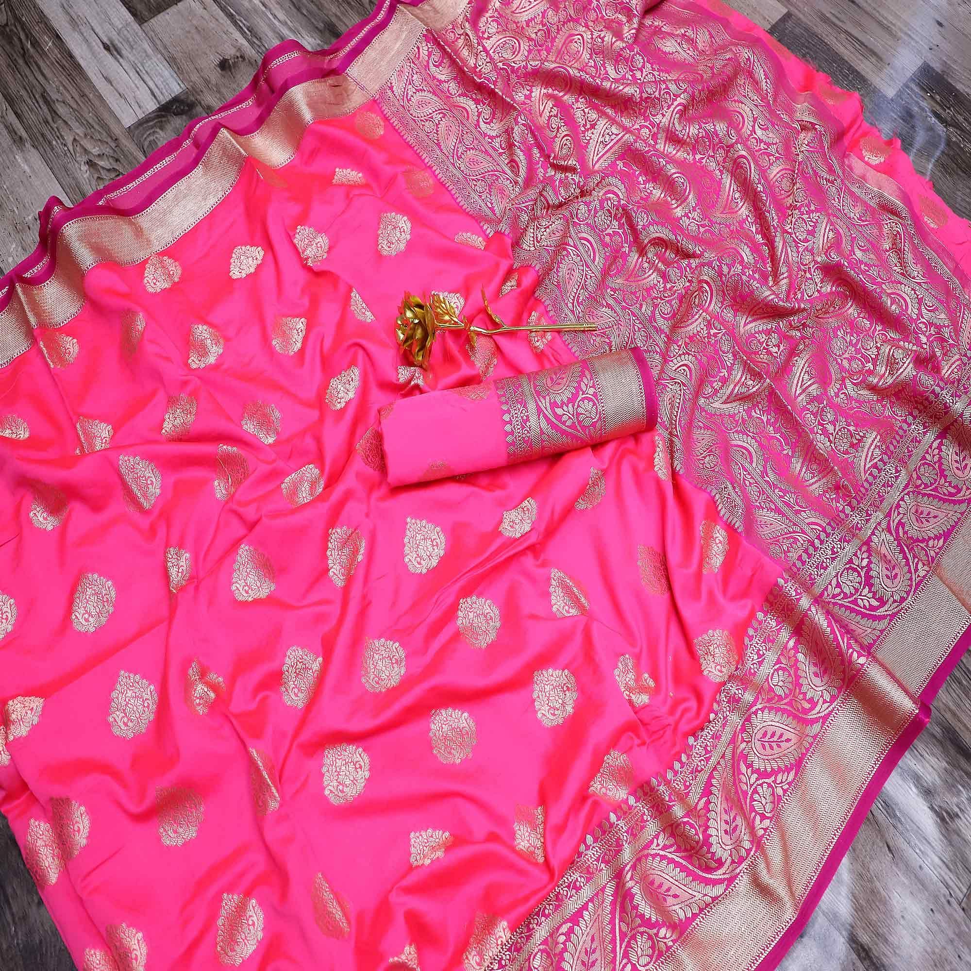 Attractive Pink Colored Festive Wear Woven Banarasi Silk Saree - Peachmode