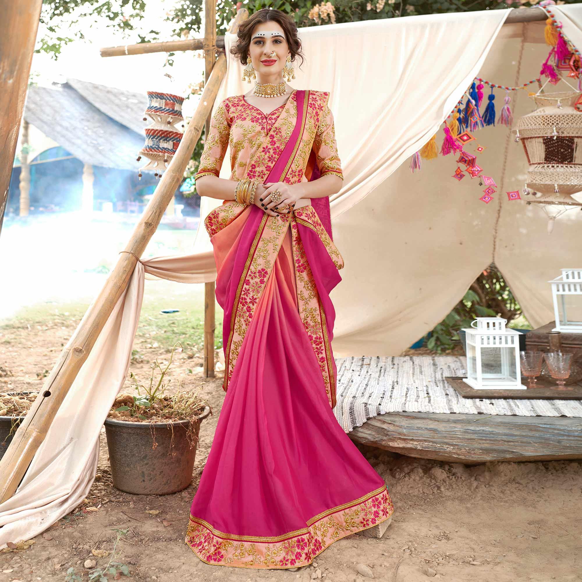 Attractive Pink Colored Partywear Embroidered Georgette Saree - Peachmode