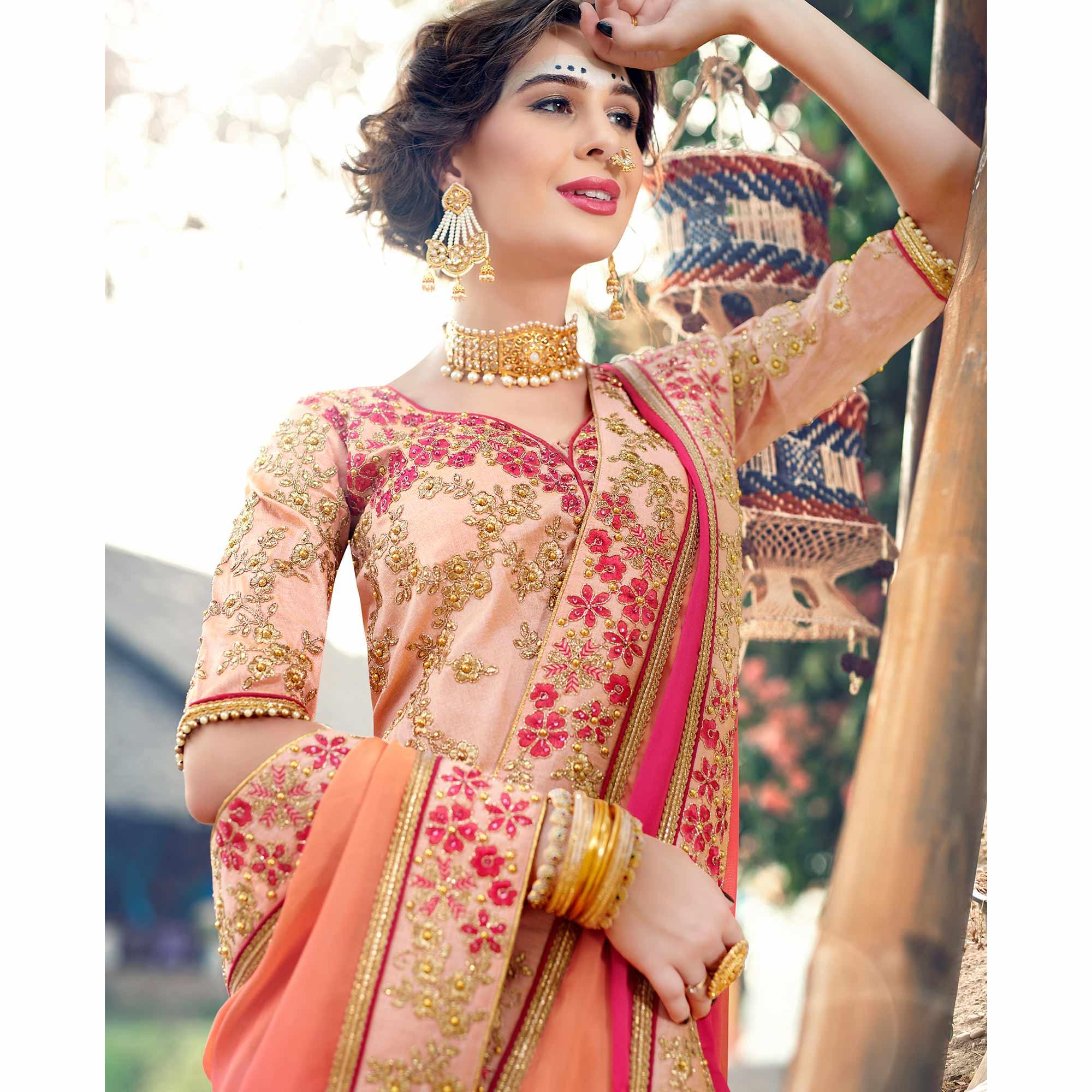 Attractive Pink Colored Partywear Embroidered Georgette Saree - Peachmode