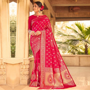 Attractive Pink Coloured Designer Partywear Weaving Silk Saree - Peachmode