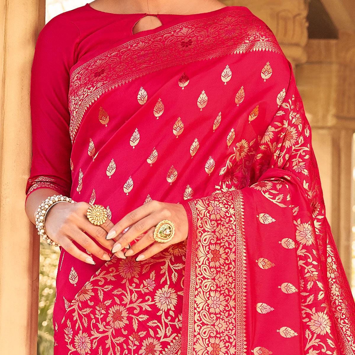 Attractive Pink Coloured Designer Partywear Weaving Silk Saree - Peachmode