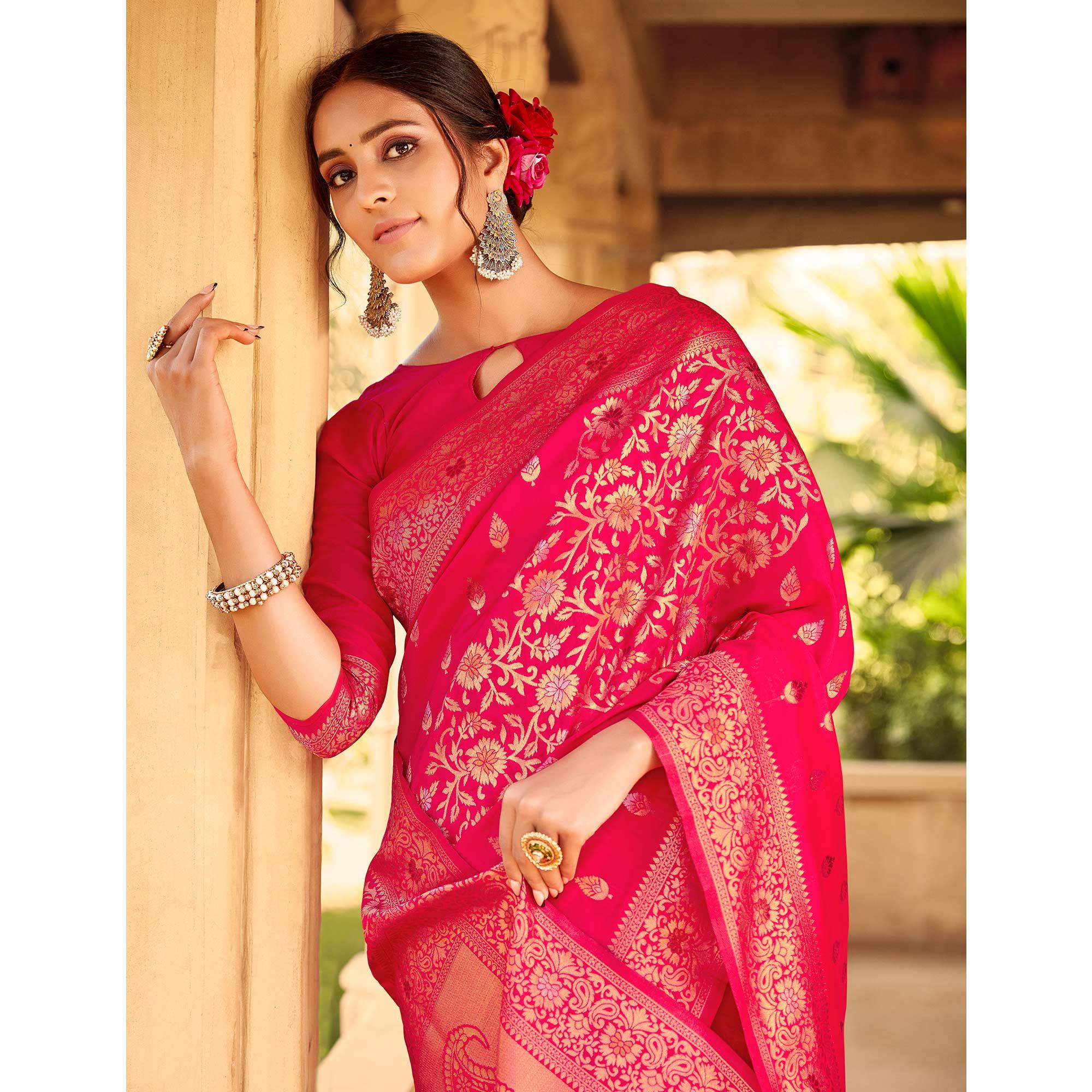 Attractive Pink Coloured Designer Partywear Weaving Silk Saree - Peachmode