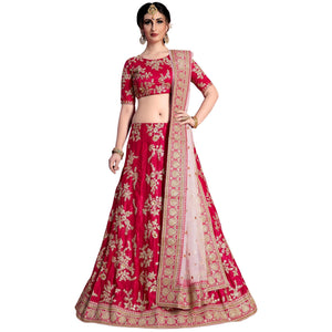 Attractive Pinkish Red Colored Partywear Embroidered Velvet Silk Lehenga Choli - Peachmode