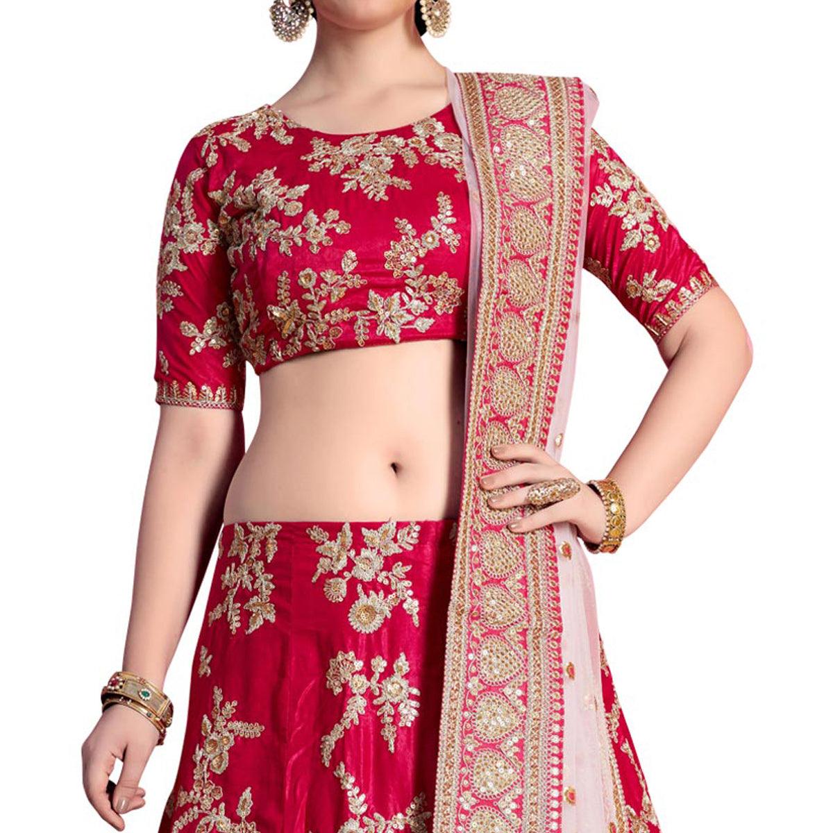 Attractive Pinkish Red Colored Partywear Embroidered Velvet Silk Lehenga Choli - Peachmode