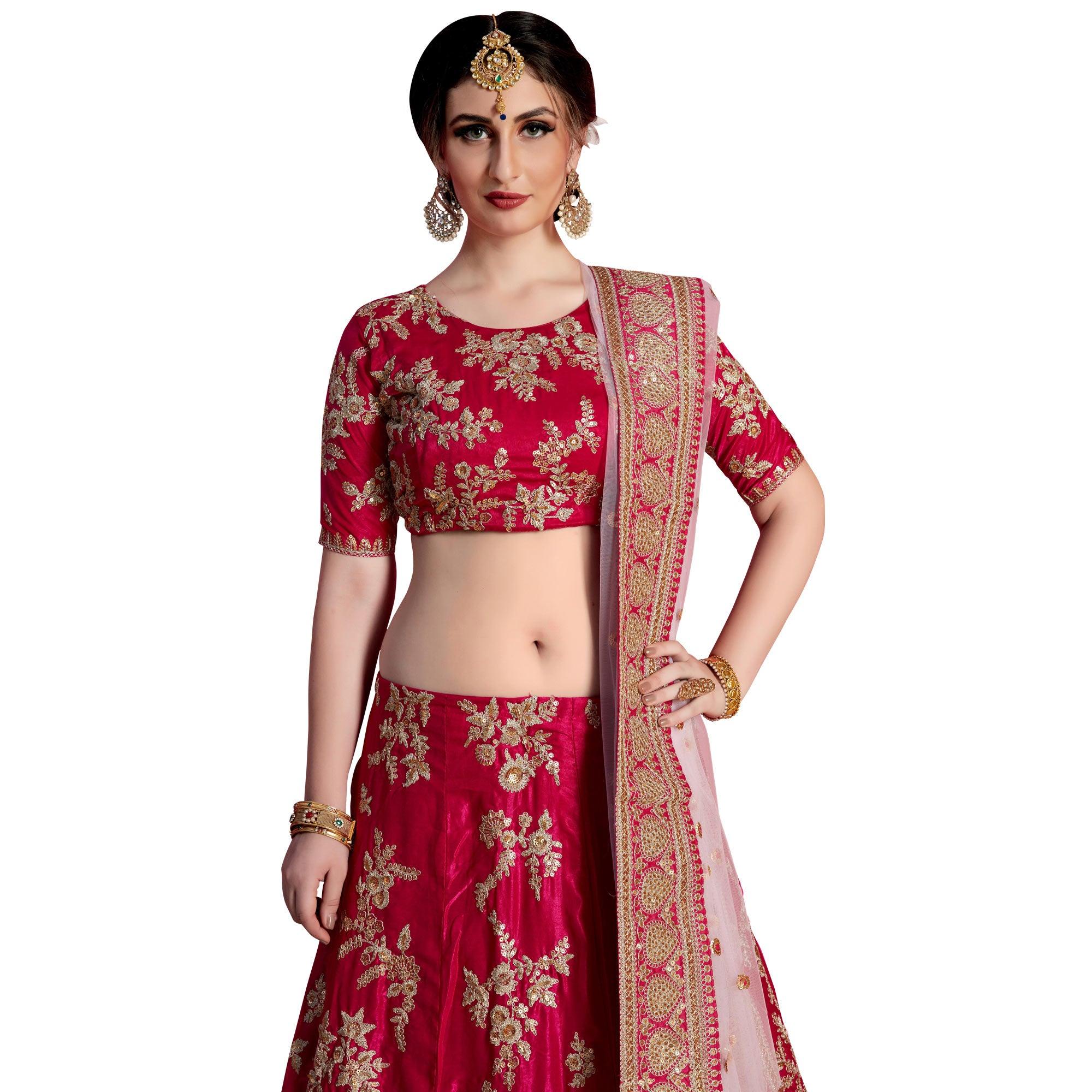 Attractive Pinkish Red Colored Partywear Embroidered Velvet Silk Lehenga Choli - Peachmode