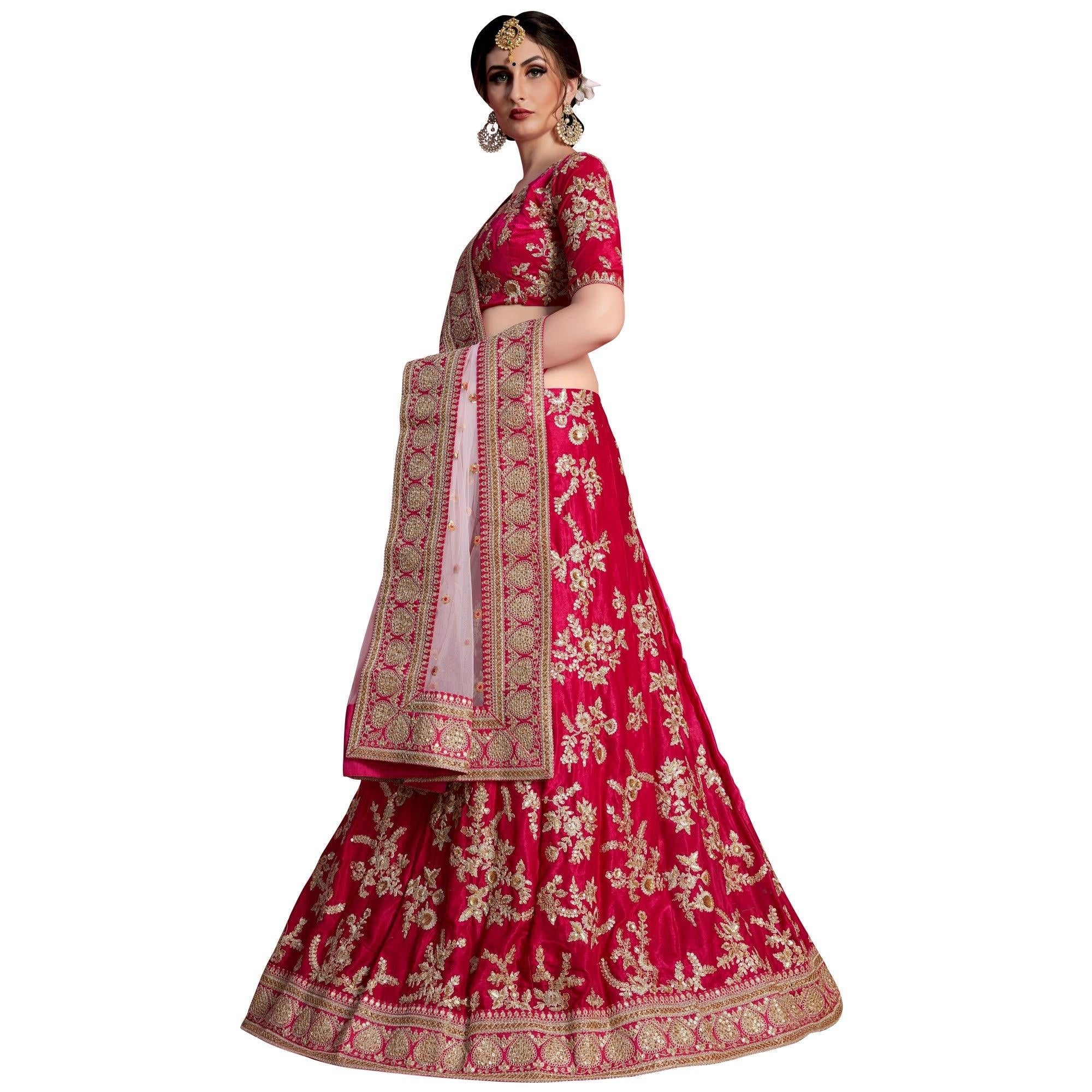Attractive Pinkish Red Colored Partywear Embroidered Velvet Silk Lehenga Choli - Peachmode