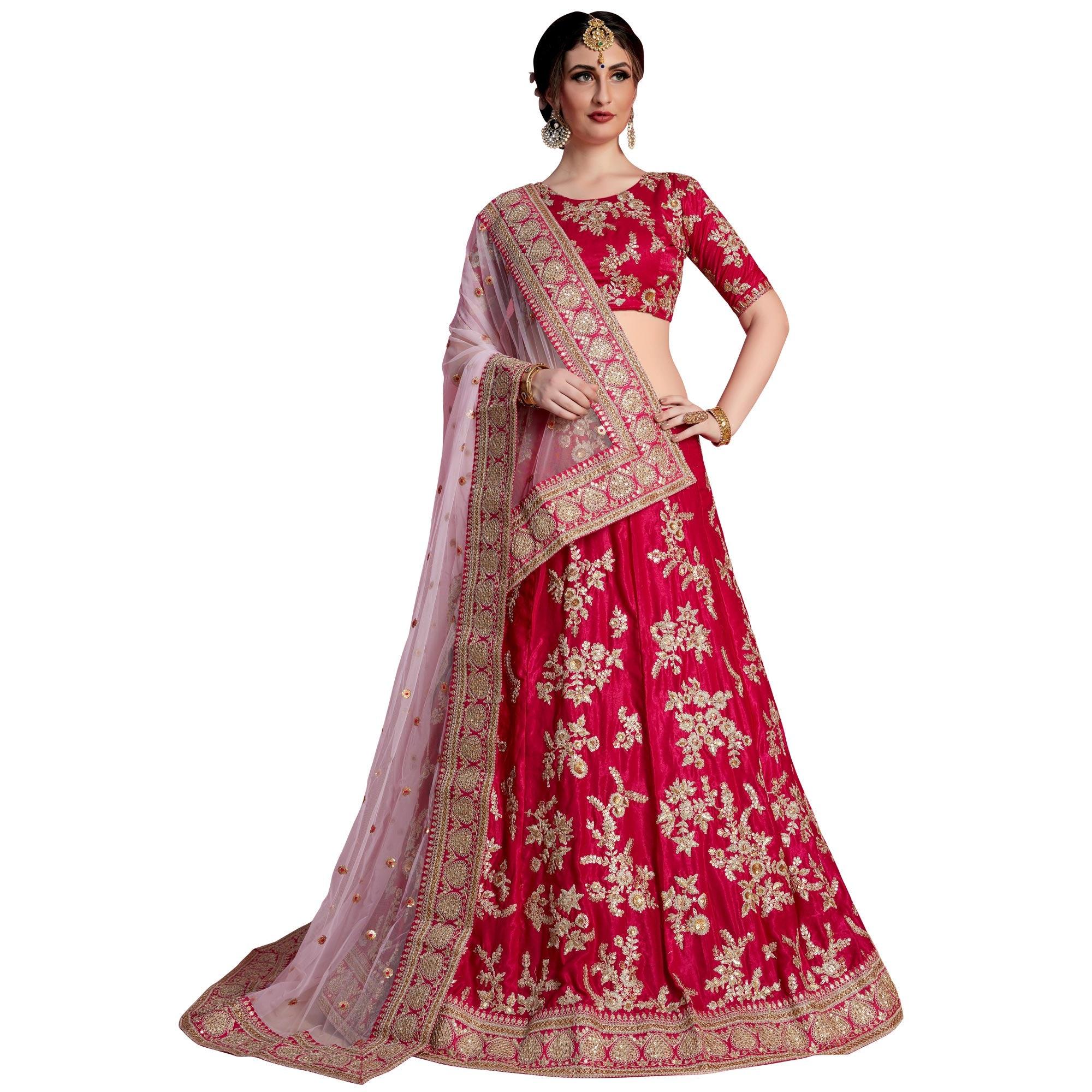 Attractive Pinkish Red Colored Partywear Embroidered Velvet Silk Lehenga Choli - Peachmode