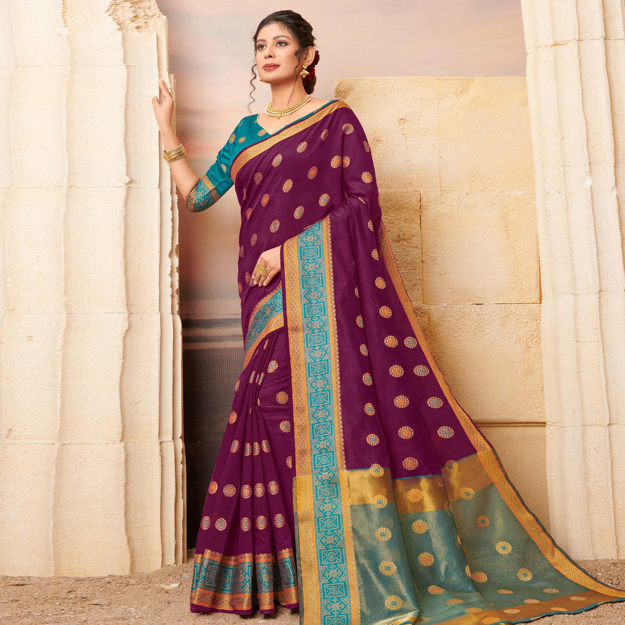 Attractive Purple Colored Festive Wear Woven Cotton Saree - Peachmode
