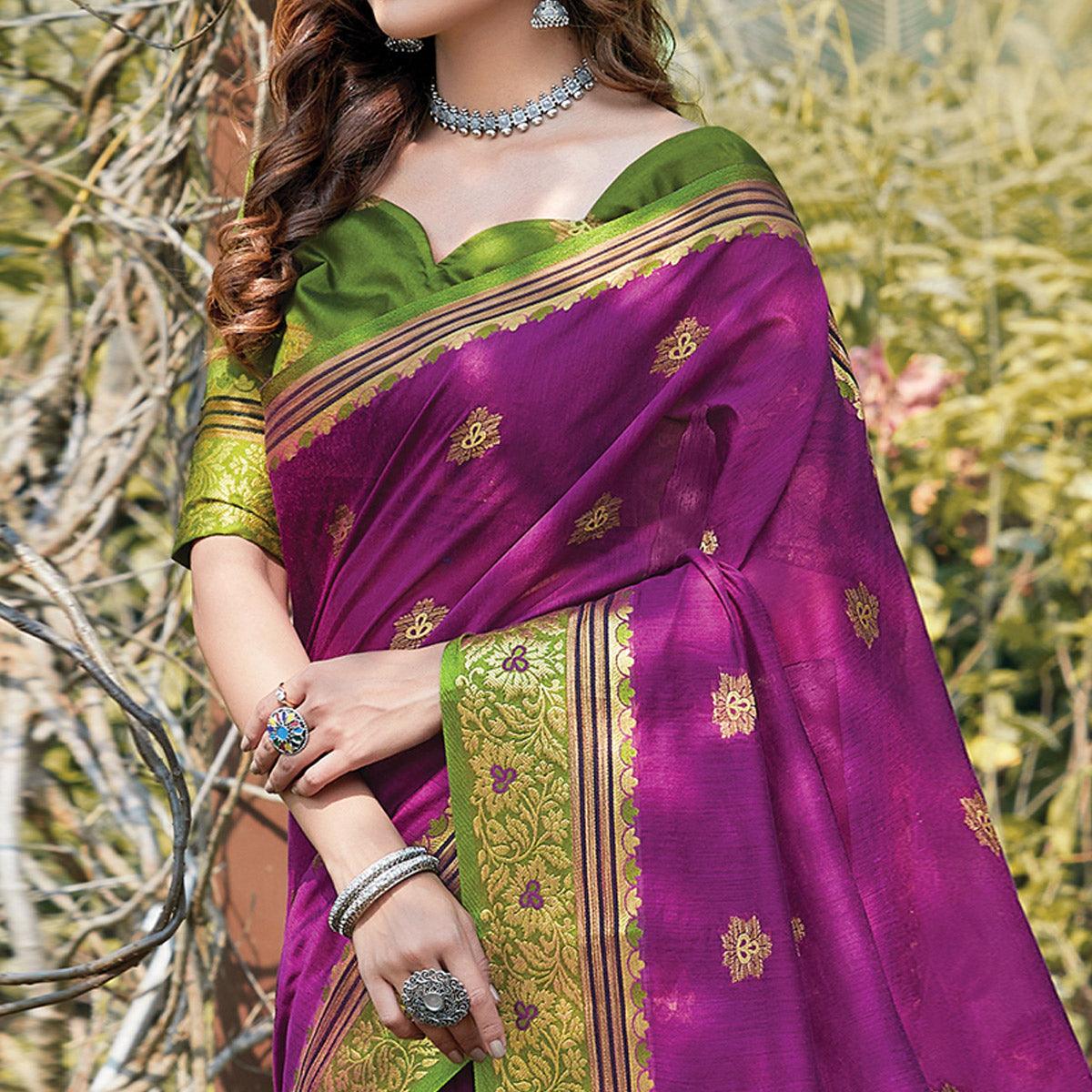 Attractive Purple Colored Festive Wear Woven Cotton Saree - Peachmode