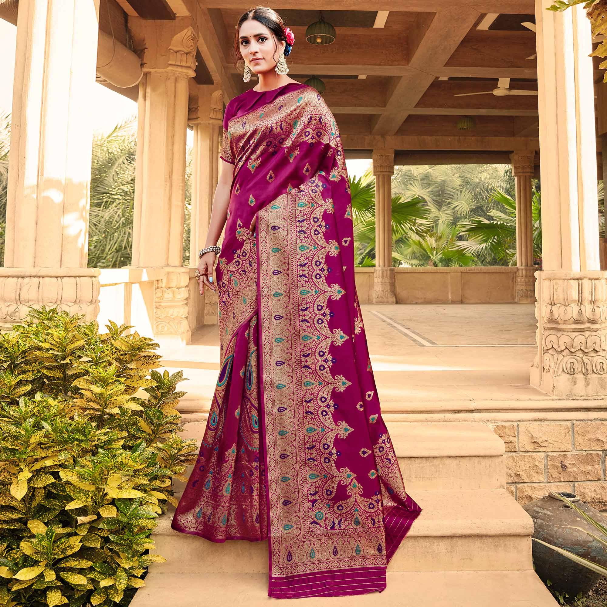 Attractive Purple Coloured Designer Partywear Weaving Silk Saree - Peachmode