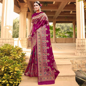 Attractive Purple Coloured Designer Partywear Weaving Silk Saree - Peachmode
