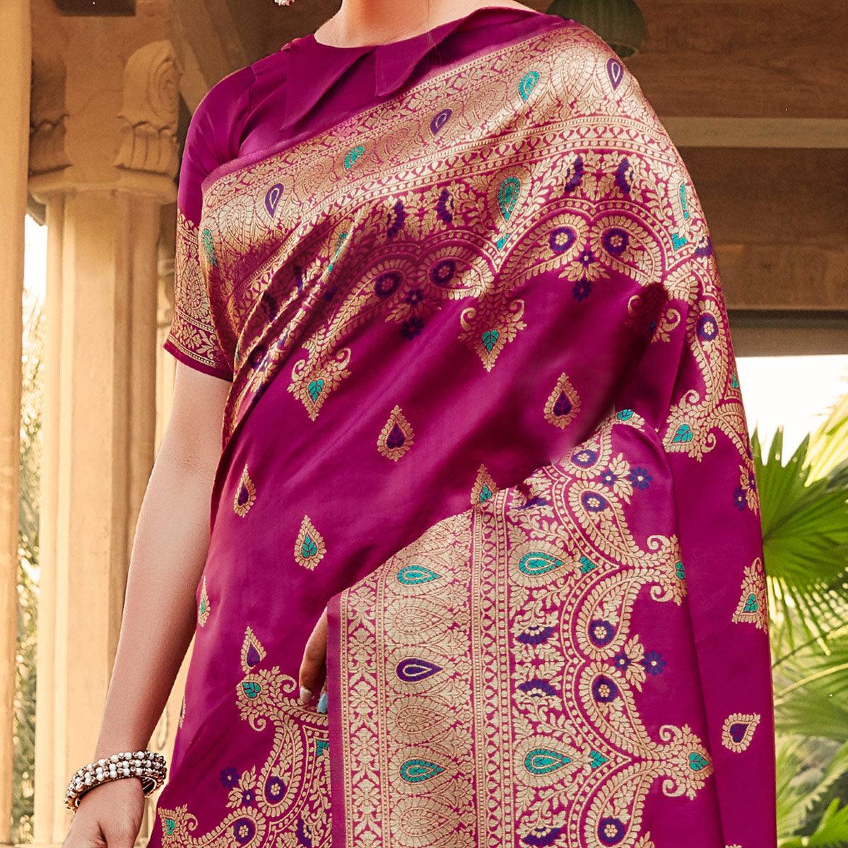 Attractive Purple Coloured Designer Partywear Weaving Silk Saree - Peachmode
