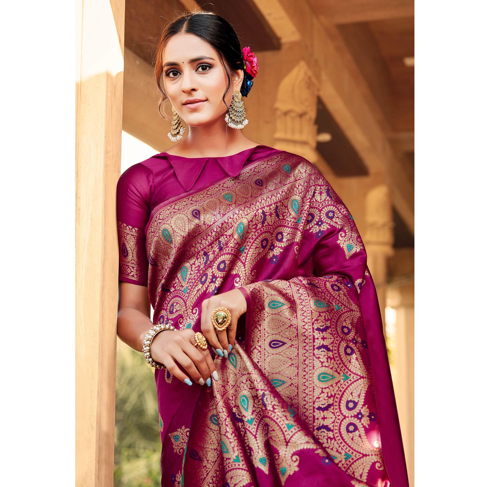 Attractive Purple Coloured Designer Partywear Weaving Silk Saree - Peachmode