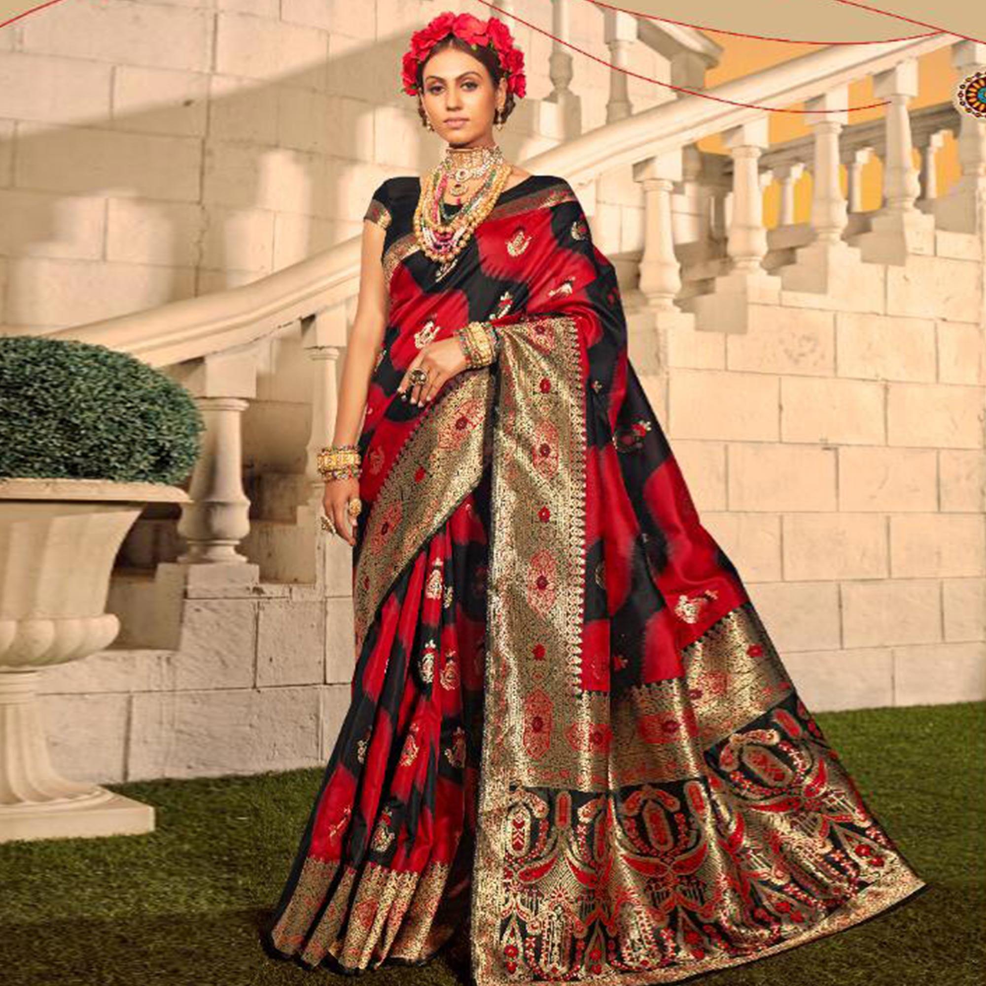 Attractive Red & Black Colored Festive Wear Woven Banarasi Silk Saree - Peachmode