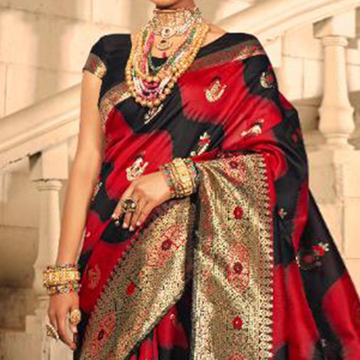 Attractive Red & Black Colored Festive Wear Woven Banarasi Silk Saree - Peachmode