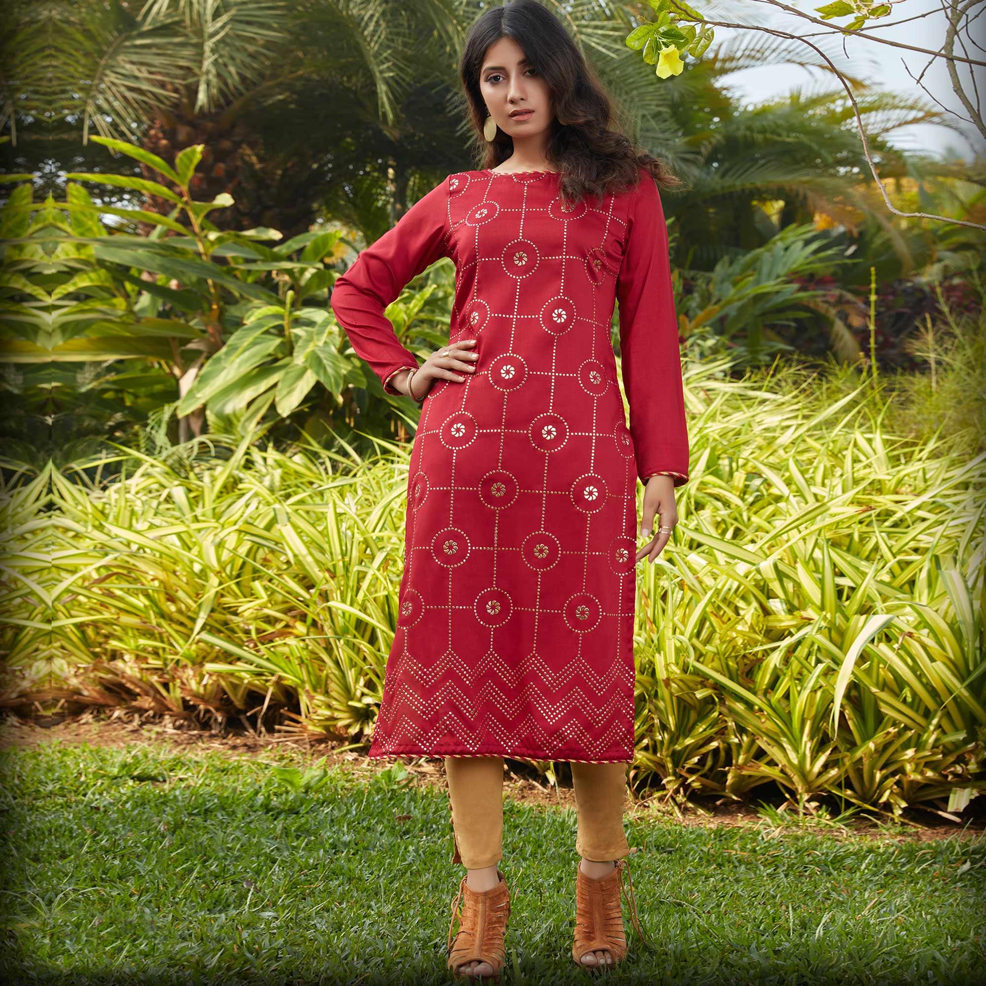 Attractive Red Casual Wear Glistering Embellishment Silky Cotton Kurti - Peachmode