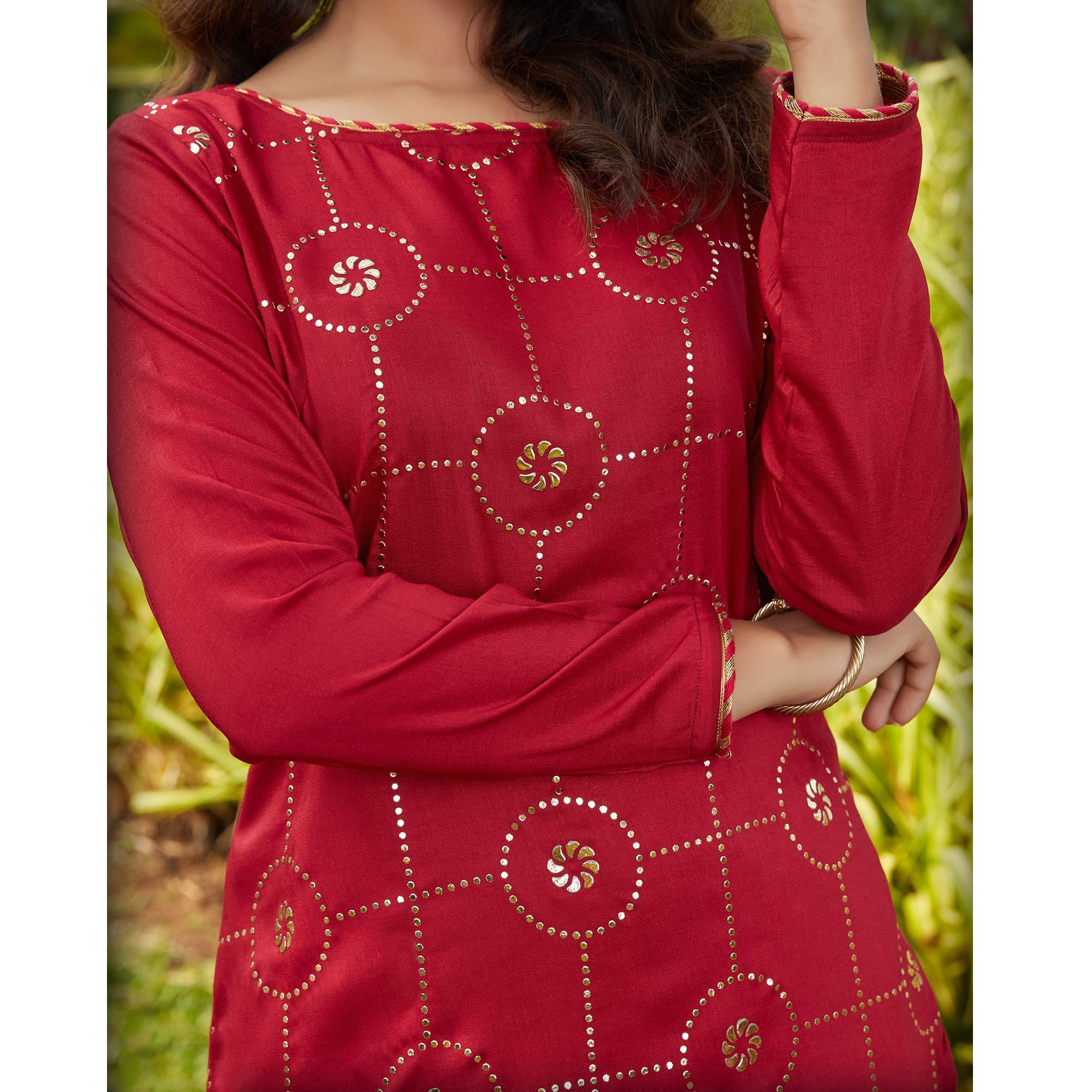 Attractive Red Casual Wear Glistering Embellishment Silky Cotton Kurti - Peachmode