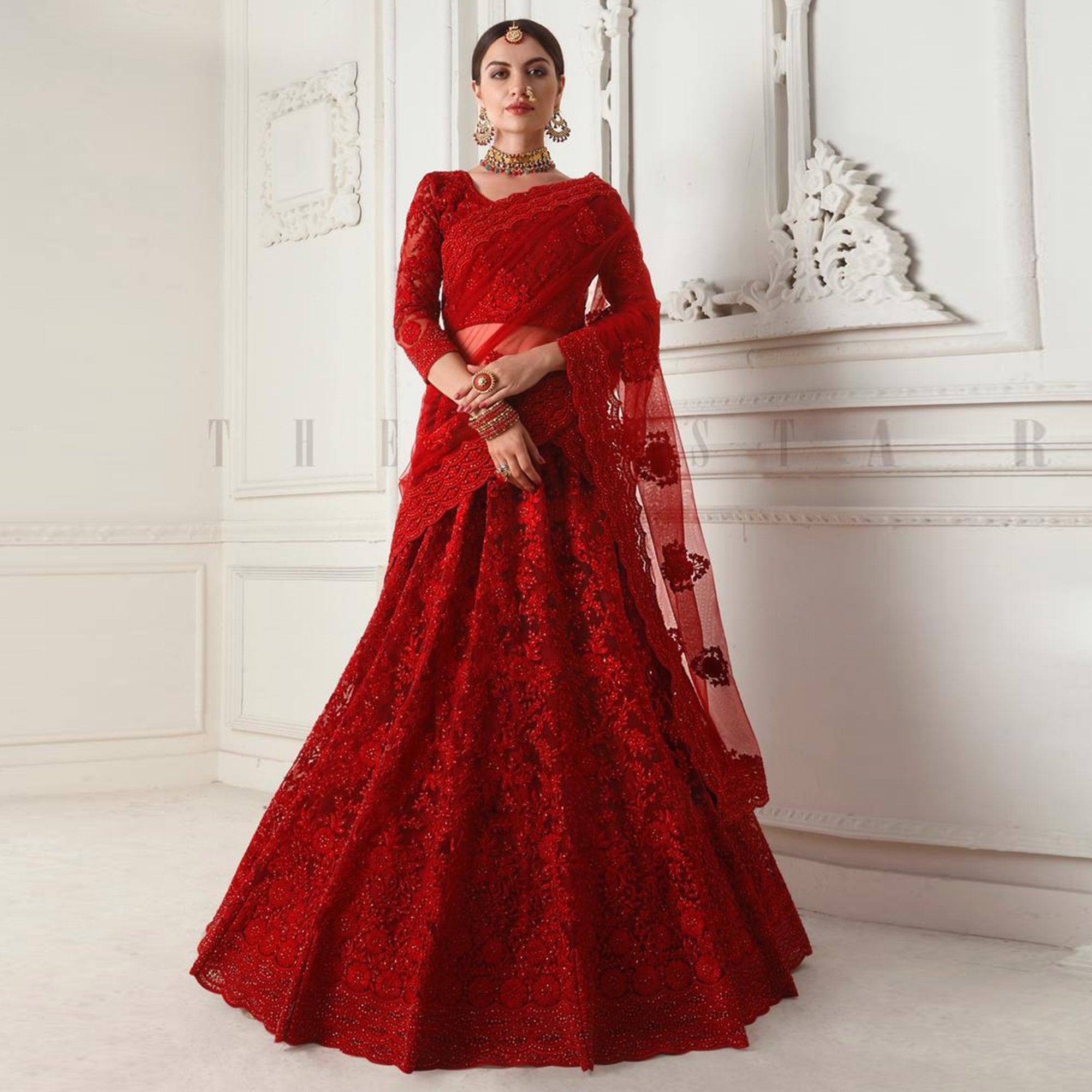 Attractive Red Colored cording Embroidery Wedding Wear Net Lehenga Choli - Peachmode