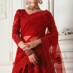 Attractive Red Colored cording Embroidery Wedding Wear Net Lehenga Choli - Peachmode