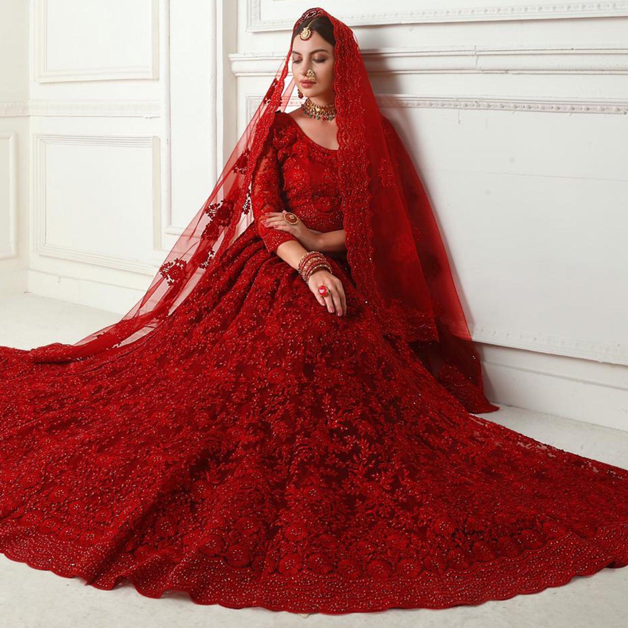 Attractive Red Colored cording Embroidery Wedding Wear Net Lehenga Choli - Peachmode