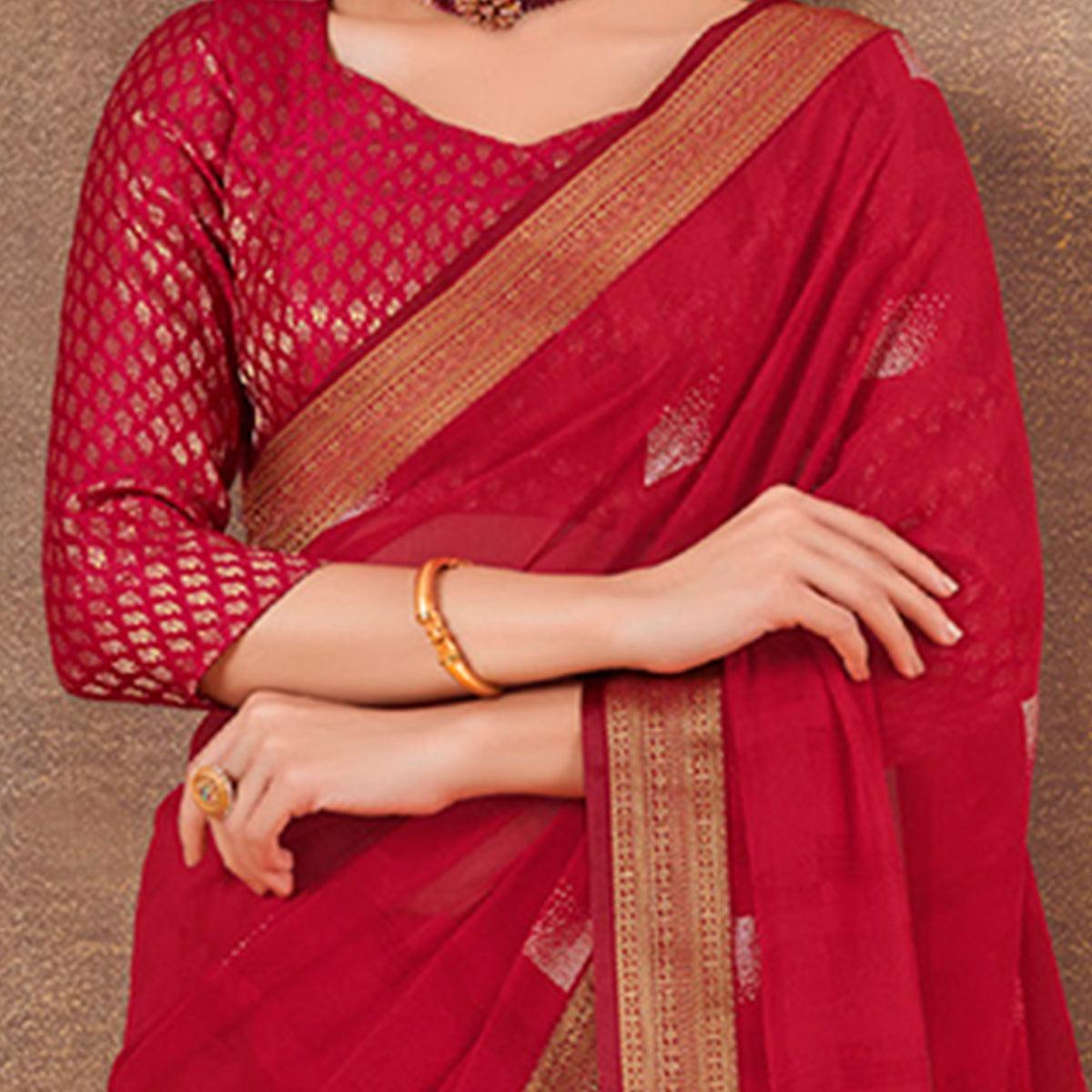 Attractive Red Colored Festive Wear Foil Printed Georgette Saree - Peachmode