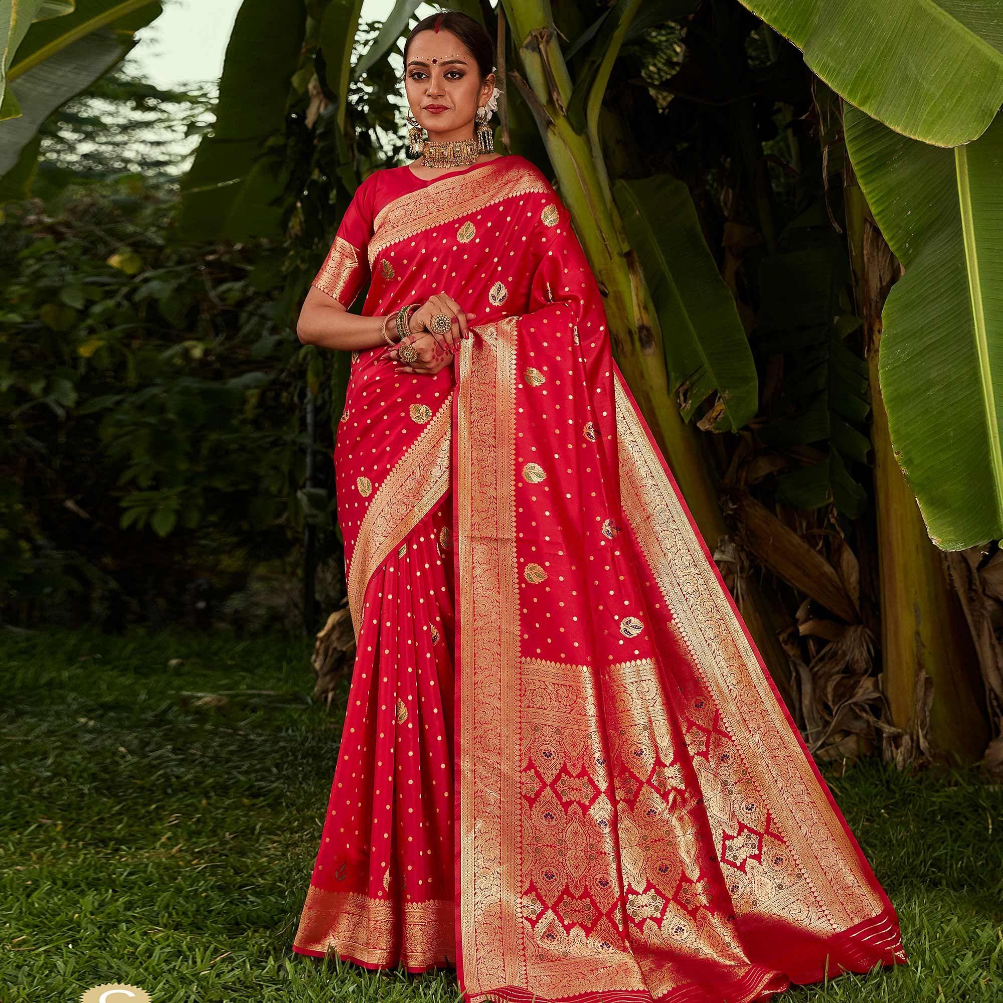 Attractive Red Colored Festive Wear Woven Designer Silk Saree - Peachmode