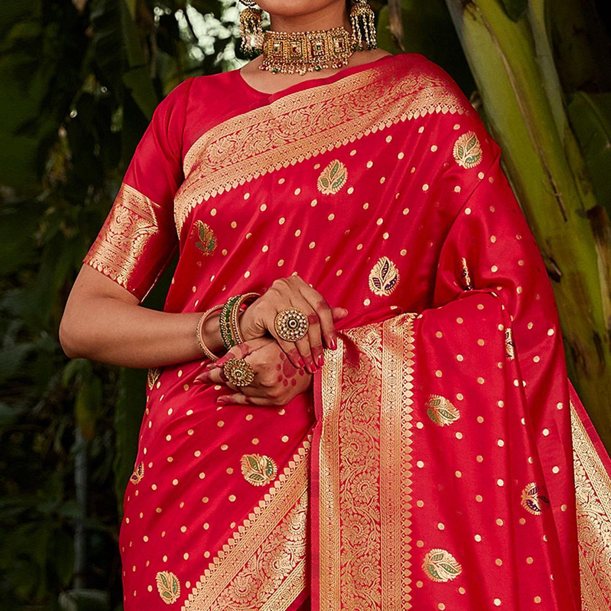 Attractive Red Colored Festive Wear Woven Designer Silk Saree - Peachmode