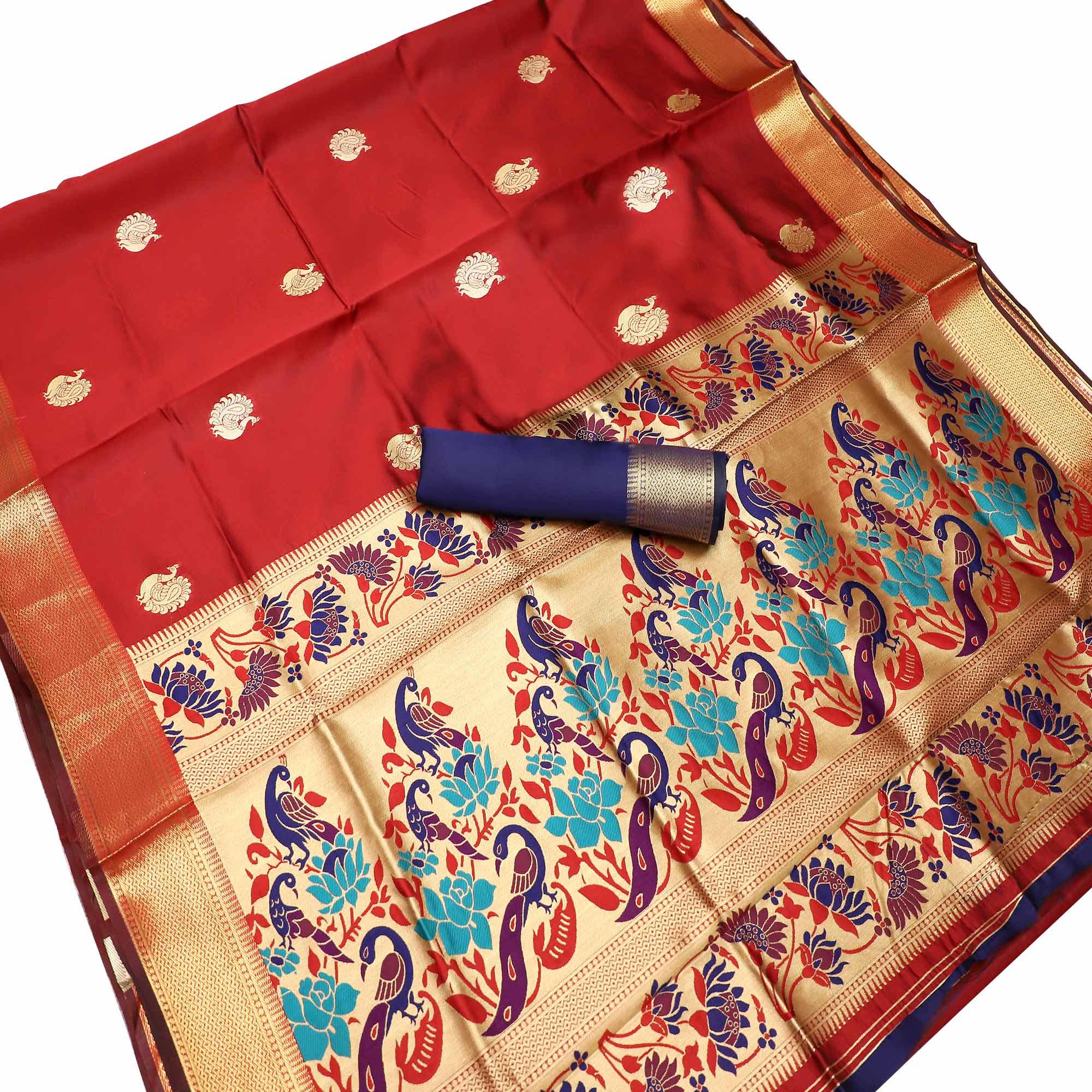 Attractive Red Colored Festive Wear Woven Kota Art Silk Banarasi Saree - Peachmode