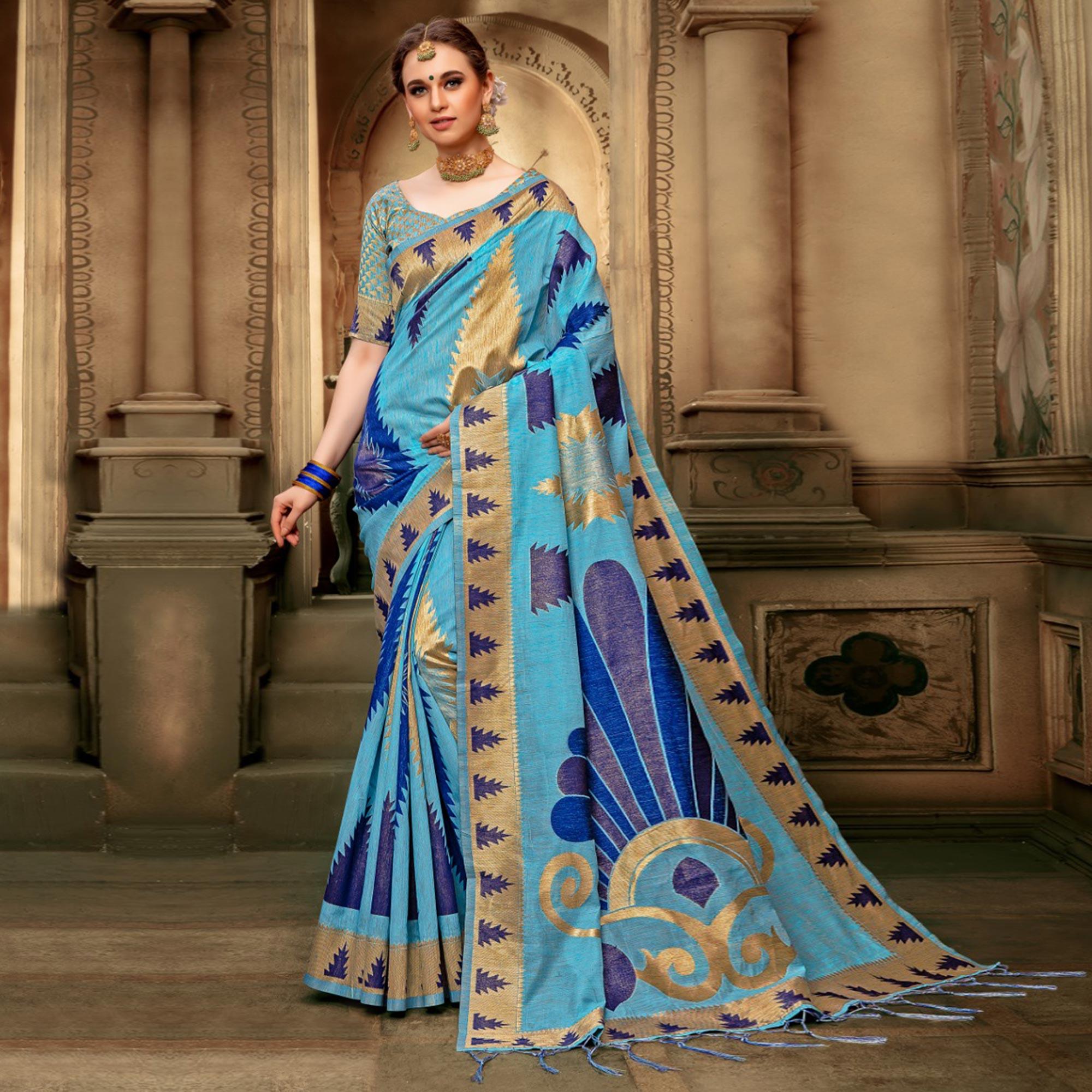 Attractive Sky Blue Colored Festive Wear Woven Cotton Silk Saree - Peachmode