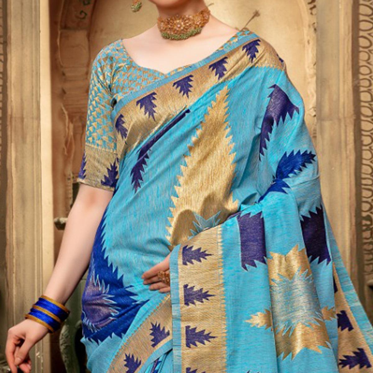 Attractive Sky Blue Colored Festive Wear Woven Cotton Silk Saree - Peachmode
