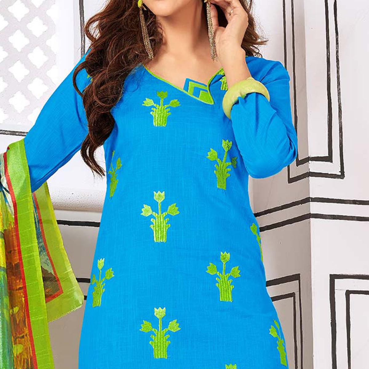 Attractive Sky Blue Colored Partywear Embroidered Cotton Suit - Peachmode