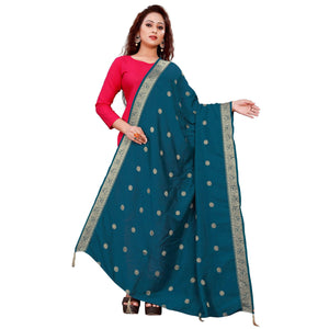 Attractive Teal Blue Colored Festive Wear Woven Art Silk-Viscose Dupatta With Tassels - Peachmode