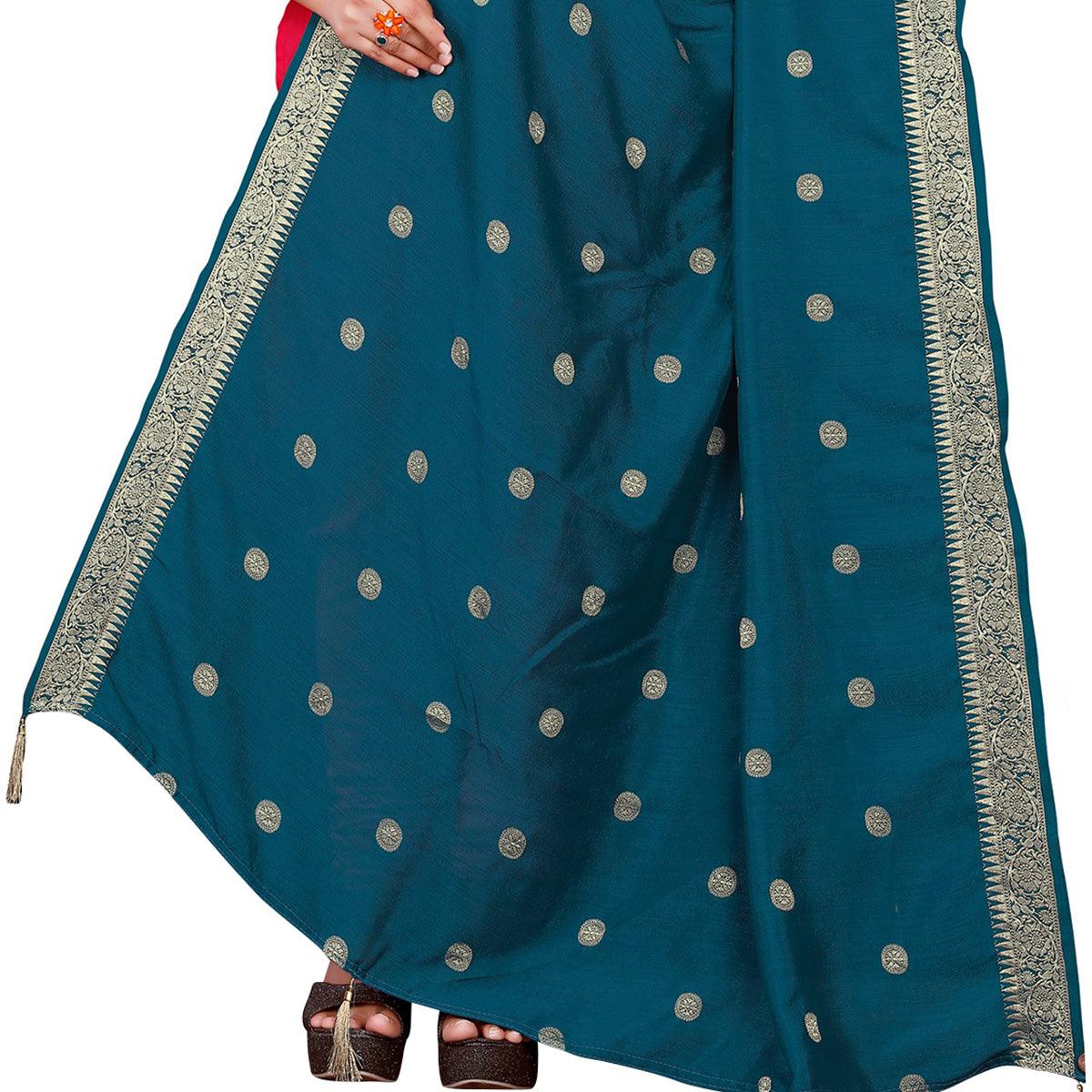 Attractive Teal Blue Colored Festive Wear Woven Art Silk-Viscose Dupatta With Tassels - Peachmode
