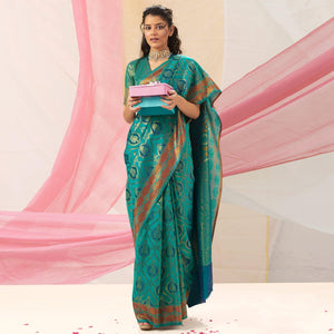 Attractive Turquoise Colored Festive Wear Woven Soft Silk Saree - Peachmode