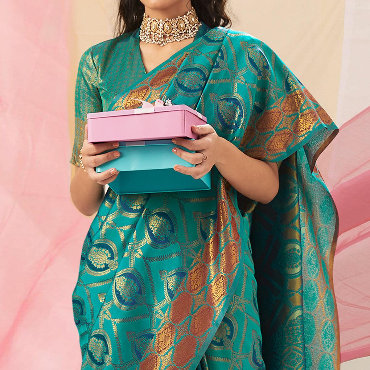 Attractive Turquoise Colored Festive Wear Woven Soft Silk Saree - Peachmode
