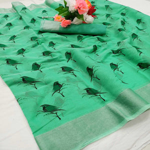 Attractive Turquoise Green Colored Casual Wear Sparrow Block Printed Cotton Linen Saree - Peachmode